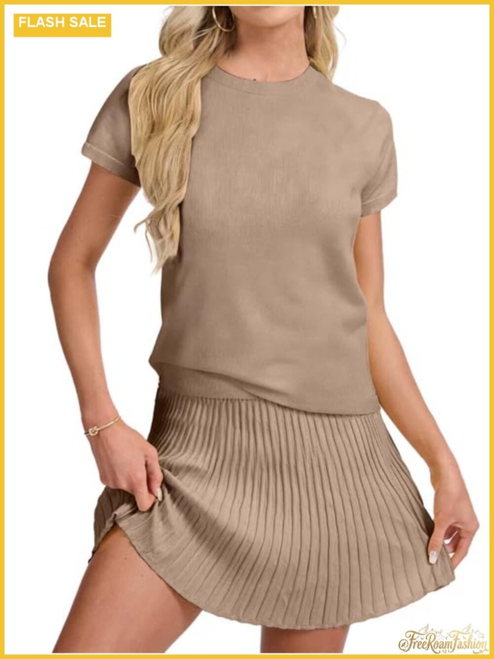 Women's 2 Piece Knit Top and Pleated Mini Skirt Set Cap Sleeve Sweater Set